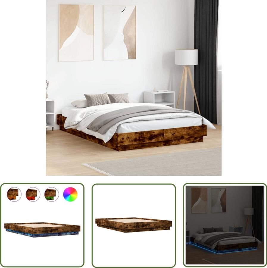 VidaXL Bedframe met LED-verlichting gerookt eikenkleurig 120x190 cm Bed Frame Houten Bed Led Bed Bruine Bed Tweepersoonsbed