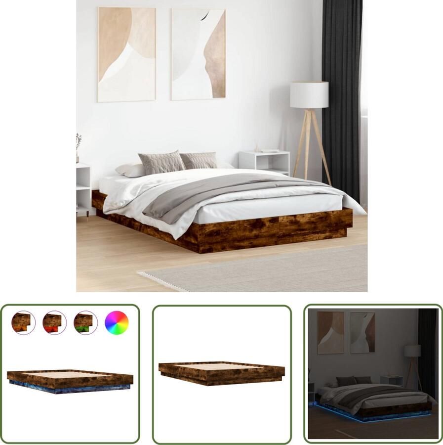 VidaXL Bedframe met LED-verlichting gerookt eikenkleurig 120x200 cm Bed Frame Houten Bed Led Bed Bruine Bed Tweepersoons Bed