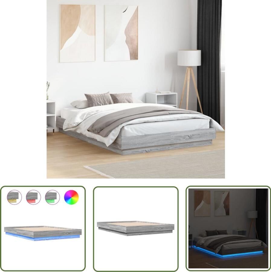 VidaXL Bedframe met LED-verlichting grijs sonoma eikenkleur 150x200 cm Bed Frame Houten Bed Led Bed Slaapkamersdecoratie Modern Bed
