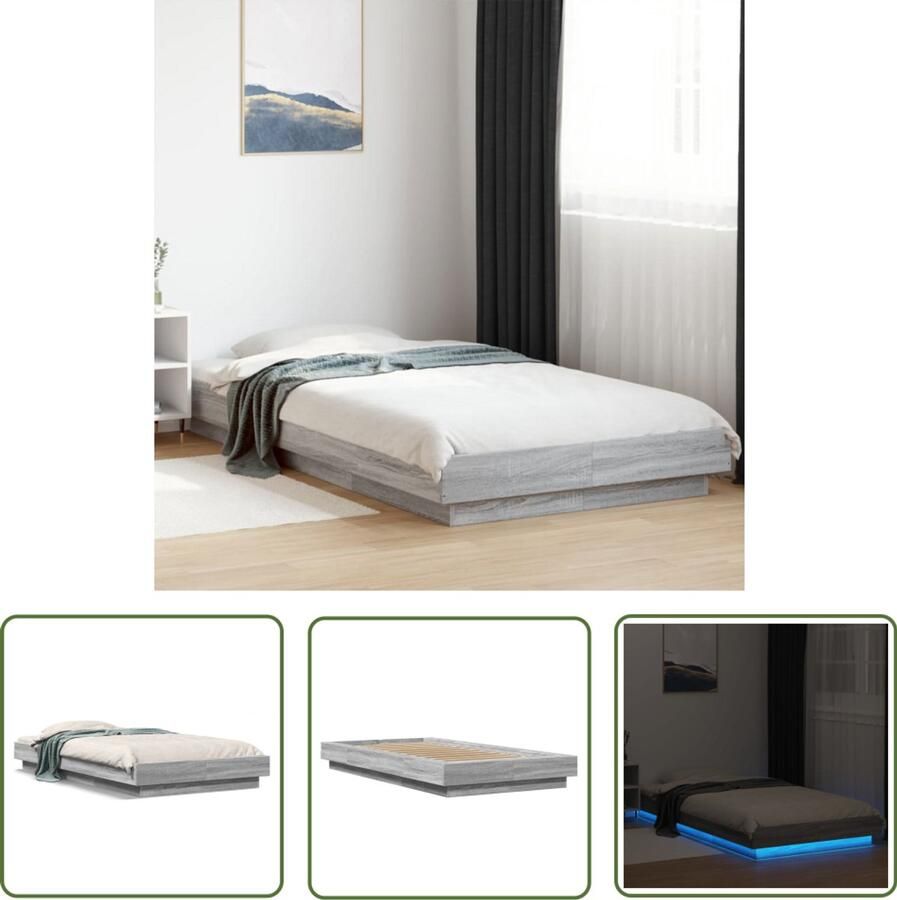 VidaXL Bedframe met LED-verlichting grijs sonoma eikenkleurig 90x190cm Bed Frame Houten Bed Led Bed Slaap Kamer Decoratie Modern Bed