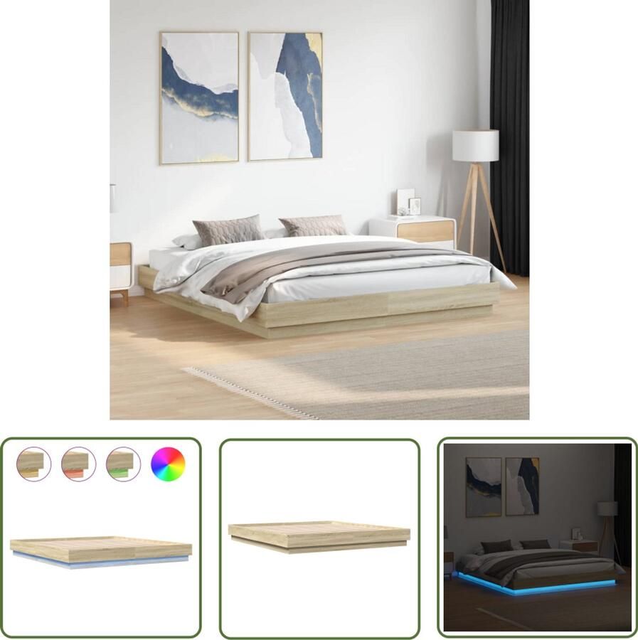 VidaXL Bedframe met LED-verlichting sonoma eikenkleurig 200x200 cm Bed Frame Houten Bed Led Bed Sonoma Eiken Tweepersoons Bed