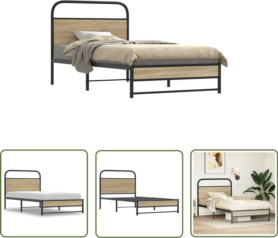VidaXL Bedframe zonder matras bewerkt hout gerookt eiken 90x200 cm Bed Frame Houten Bed Bedbank Boxspring Slaapkamers
