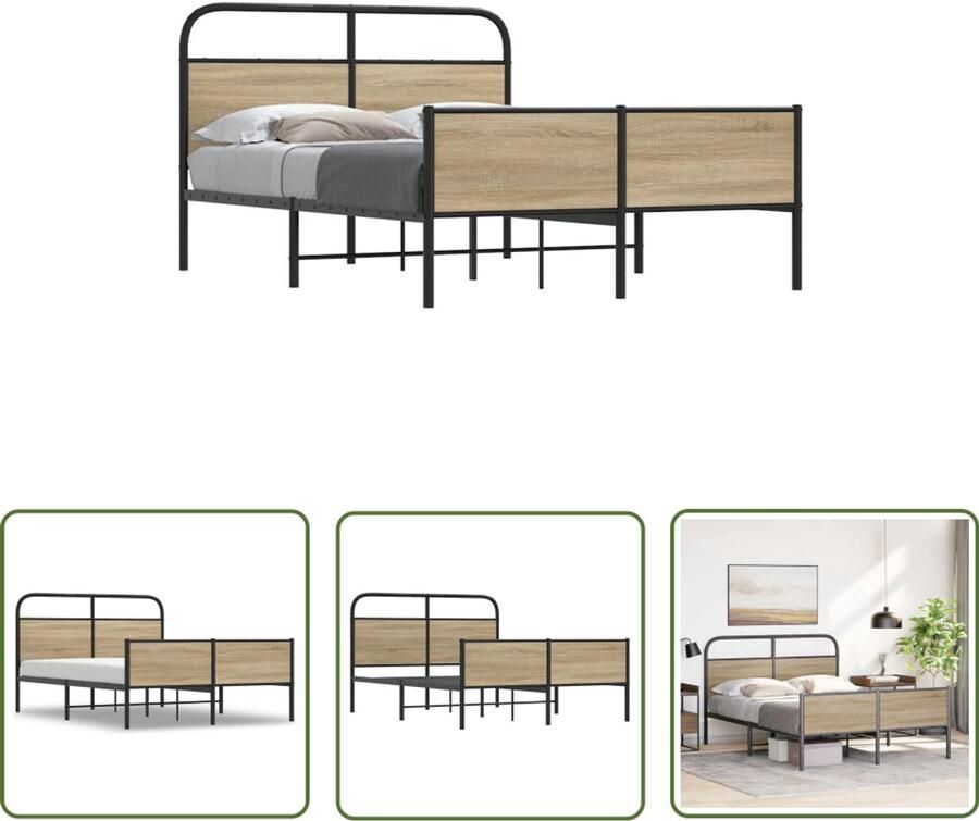 VidaXL Houten Bed Frame Bedframe zonder matras bewerkt hout sonoma eikenkleur 140x200cm Bed Met Hoofdeinde Sonoma Eiken Kleur Slaapkamerstijl