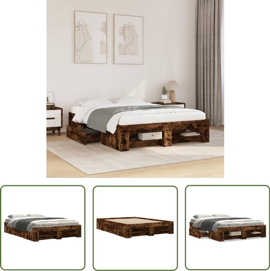 VidaXL Bedframe zonder matras hout gerookt eikenkleurig 140x190 cm Bed Frame Houten Bed Bedkast Boxspring Slaapkamers