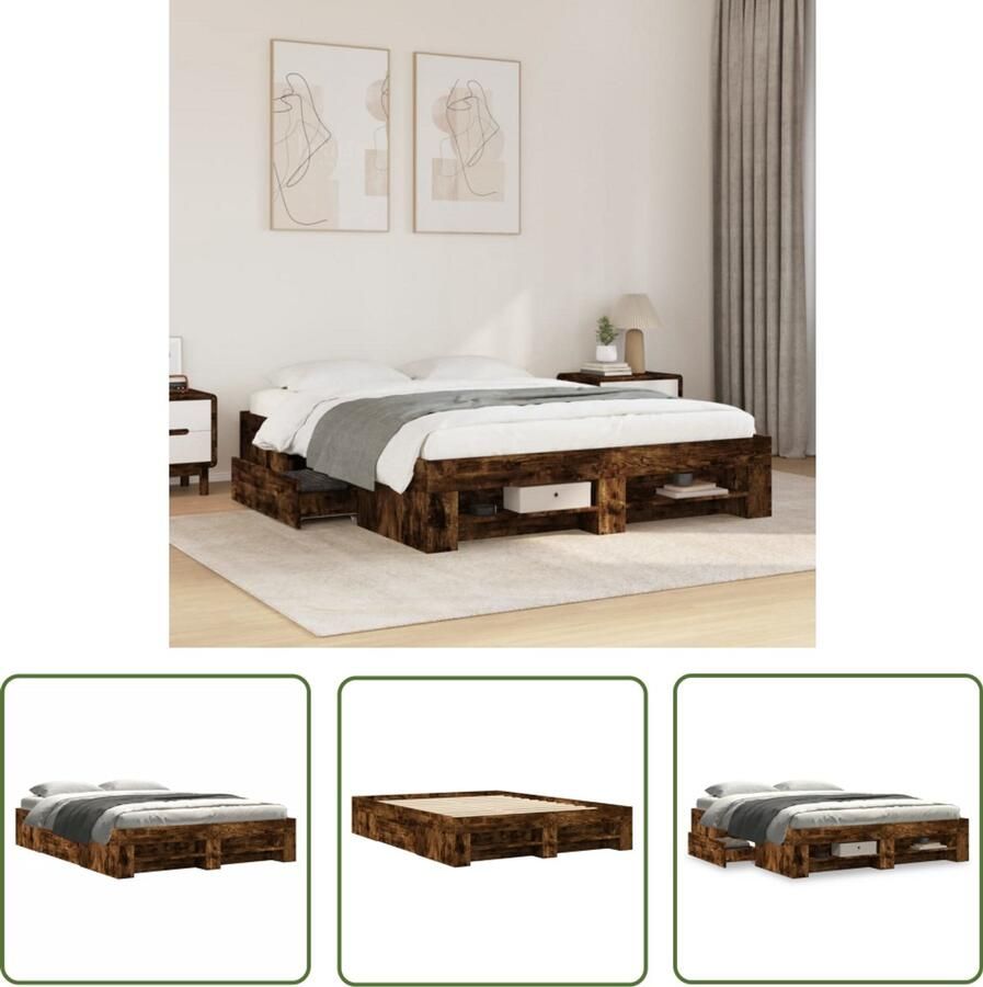VidaXL Bedframe zonder matras hout gerookt eikenkleurig 150x200 cm Bed Frame Houten Bed Bedkast Slaapkamers Slaapcomfort