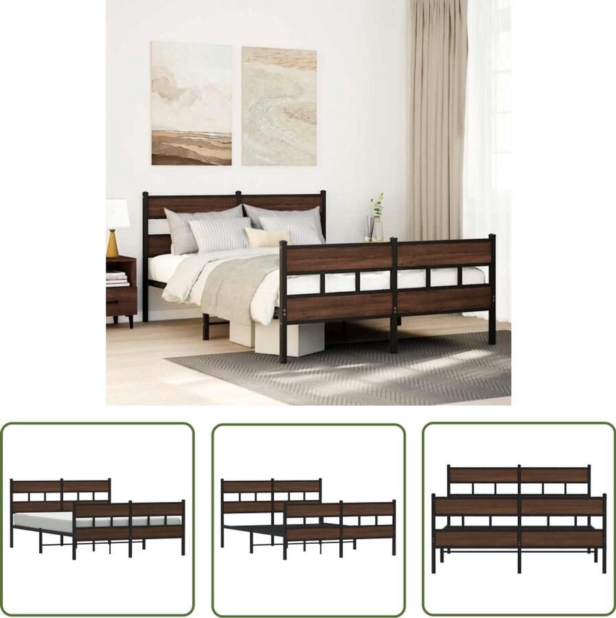 VidaXL Bedframe zonder matras metaal bruin eikenkleurig 160x200 cm Bed Frame Houten Bed Bedbank Boxspring Tweepersoonsbed