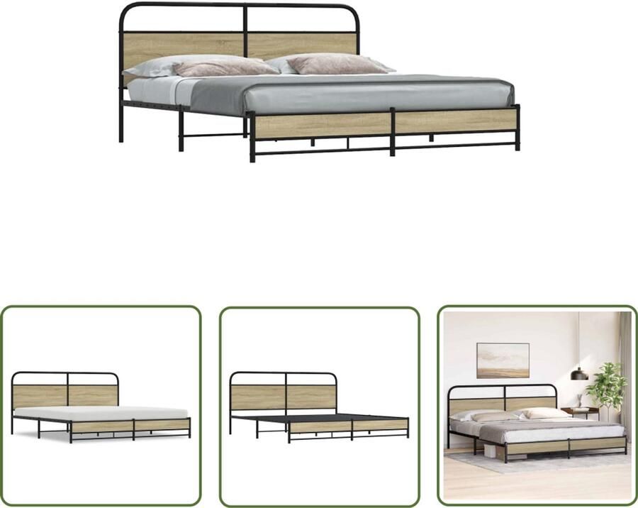 VidaXL Bedframe zonder matras metaal sonoma eikenkleur 200x200 cm Bed Frame Houten Bed Met Hoofdbord Metalen Bedframe Sonoma Eiken Kleur