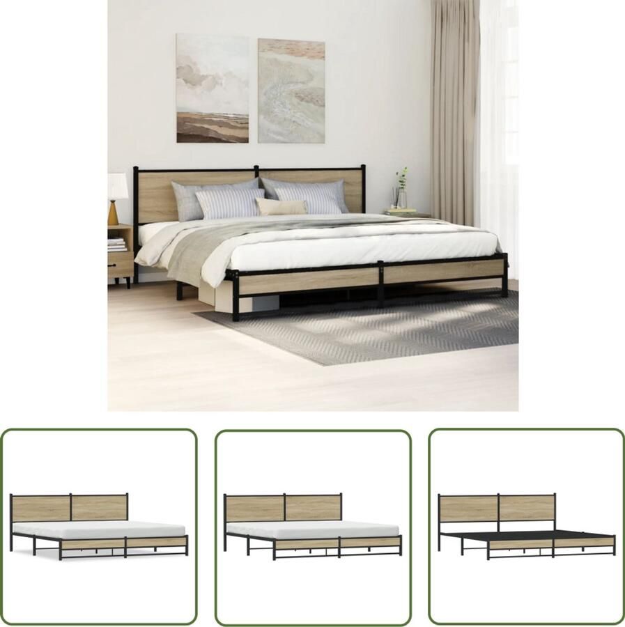 VidaXL Houten Bed Frame Bedframe zonder matras metaal sonoma eikenkleur 200x200 cm Bed Zwart Slaapkamersdecoratie Tweepersoonsbed