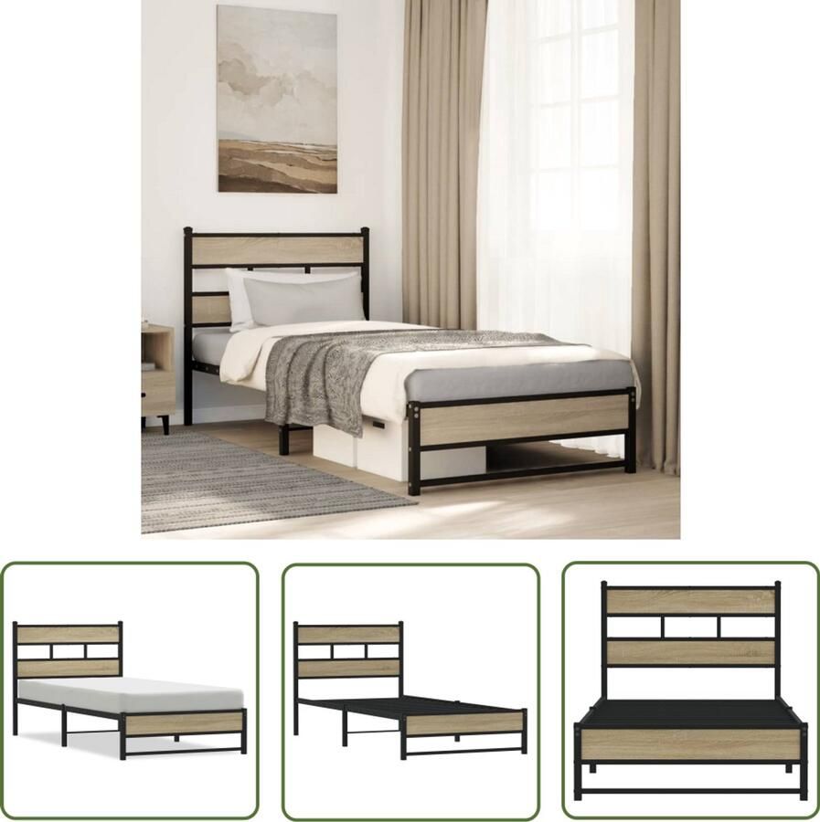 VidaXL Bedframe zonder matras metaal sonoma eikenkleurig 100x190 cm Bed Frame Houten Bed Bedbank Boxspring Tweepersoonsbed
