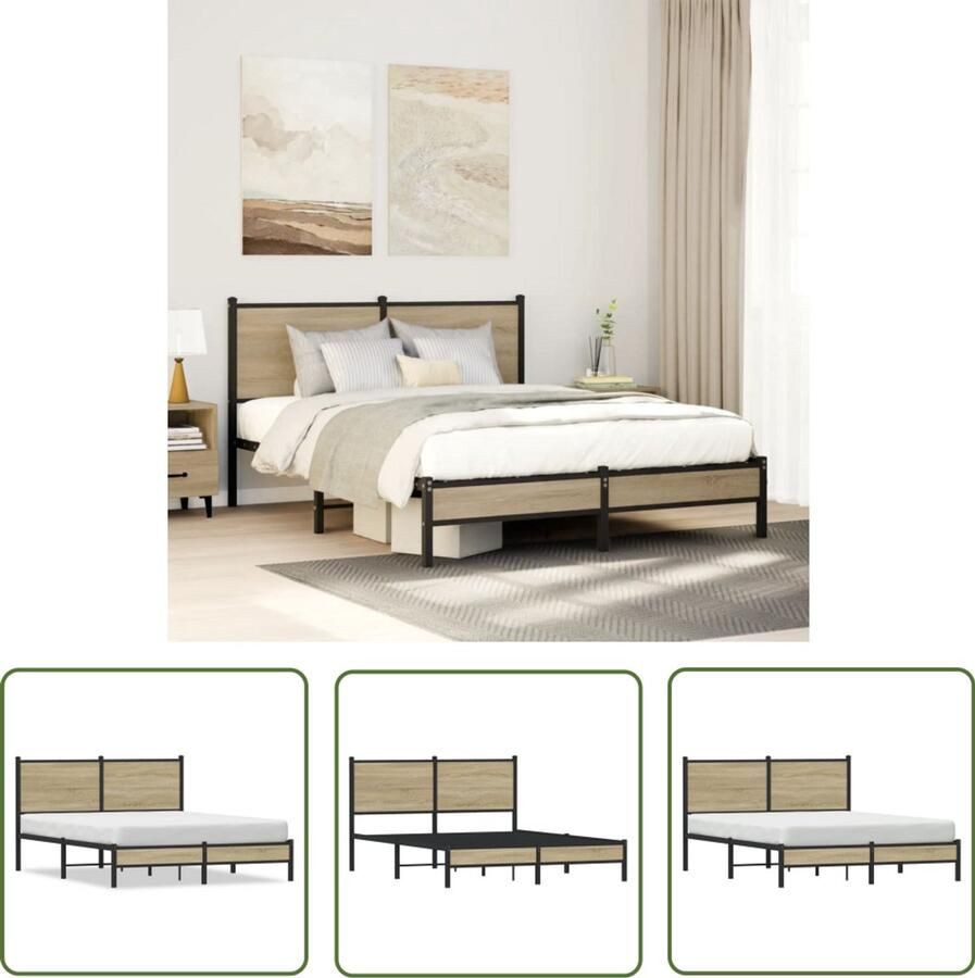 VidaXL Houten Bed Frame Bedframe zonder matras metaal sonoma eikenkleurig 137x190 cm Bed Zwart Slaapkamersdecoratie Boxspring