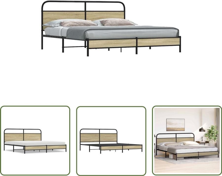 VidaXL Houten Bed Frame Bedframe zonder matras metaal sonoma eikenkleurig 180x200 cm Bed Met Hoofdbord Sonoma Eiken Kleur Tweepersoons Bed