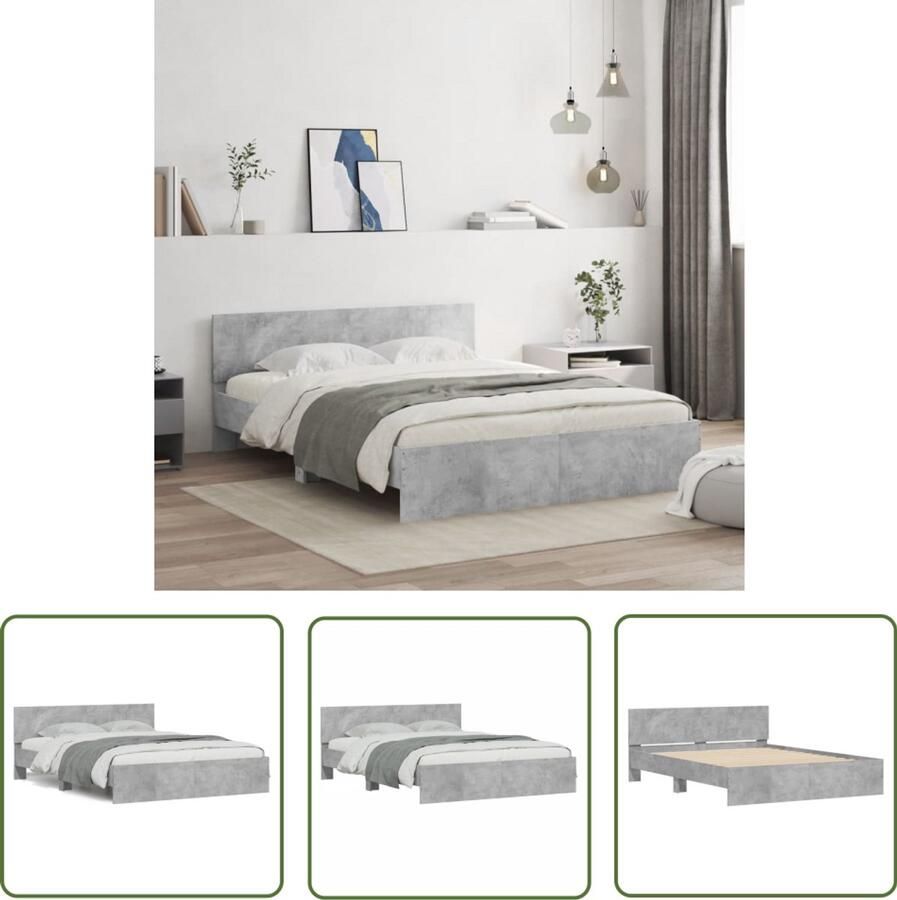 VidaXL Houten Bed Frame Beton Grijs Bed Frame Bedframe met hoofdeinde betongrijs 150x200 cm Slaapkamer Decoratie Tweepersoons Bed King Size Bed