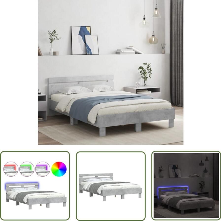 VidaXL Houten Bed Frame Beton Grijs Bed Frame Bedframe met hoofdeinde en LED betongrijs 120x190 cm Led Bed Frame Slaap Kamer Decoratie Tweepersoons Bed