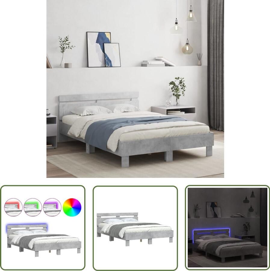 VidaXL Houten Bed Frame Beton Grijs Bed Frame Bedframe met hoofdeinde en LED betongrijs 135x190 cm Led Bed Frame Tweepersoons Bed King Size Bed