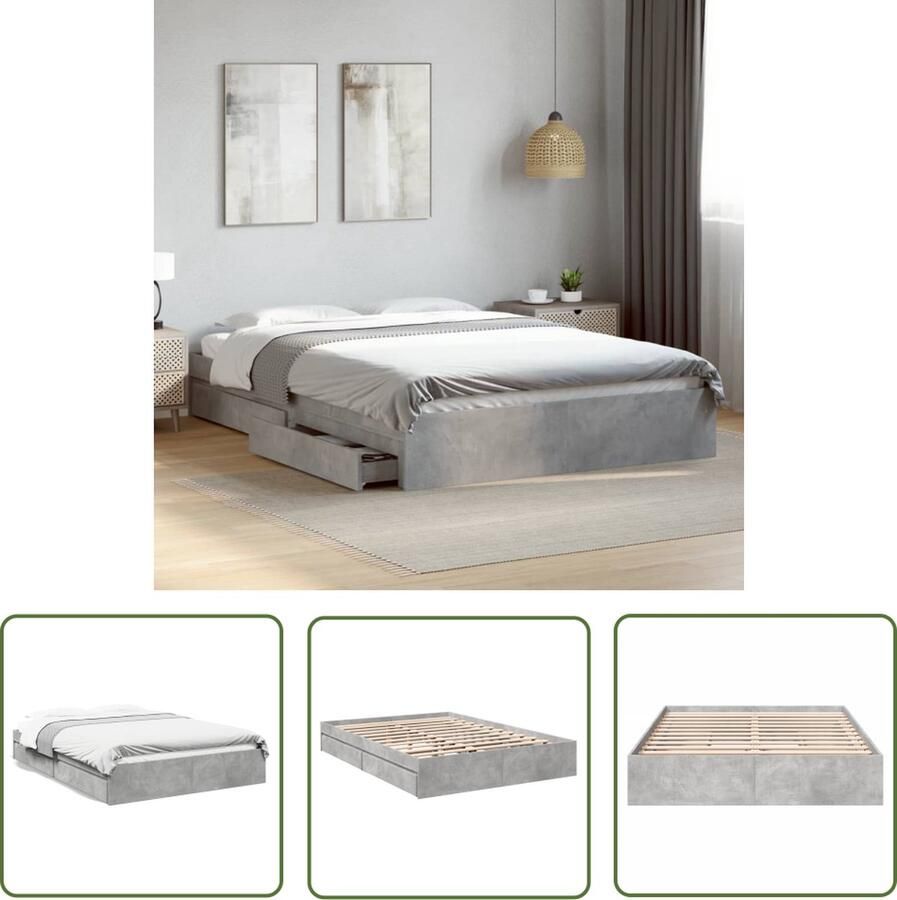 The Living Store Bedframe met lades 203 x 163 x 28 cm Betongrijs bewerkt hout multiplex Ruime opbergfunctie Beton Grijs Bed Frame Houten Bed Frame Tweepersoons Bed Boxspring Bed Met Lade