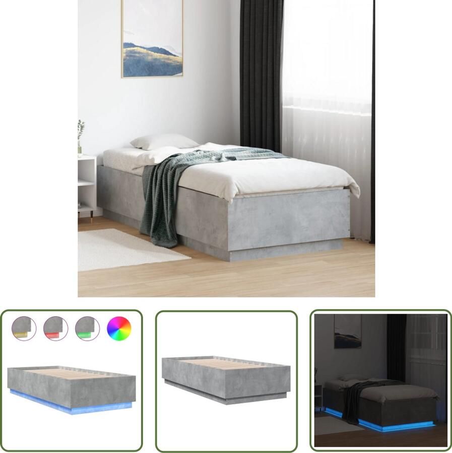 VidaXL Houten Bed Frame Beton Grijs Bed Frame Bedframe met LED-verlichting bewerkt hout betongrijs 90x200 cm Led Bed Frame Tweepersoons Bed King Size Bed