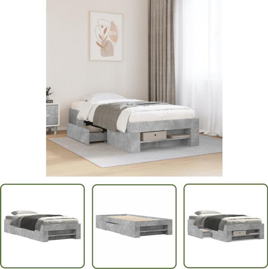 The Living Store Bedframe bewerkt hout betongrijs 100x200 cm Betond Grijs Bed Frame Houten Bed Frame Tweepersoons Bed Opberglade Bed Lattenbodem Bed