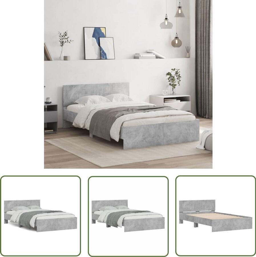 VidaXL Houten Bed Frame Betongrijs Bed Frame Bedframe met hoofdeinde betongrijs 120x190 cm Slaapcomfort Tweepersoons Bed King Size Bed