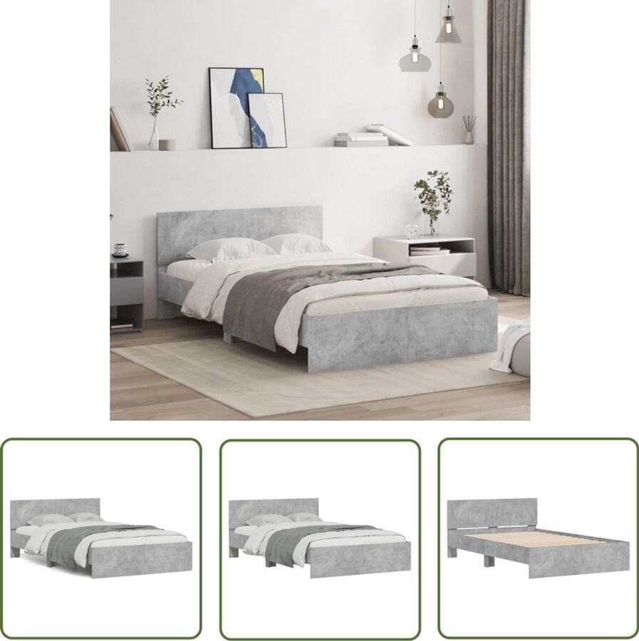 VidaXL Houten Bed Frame Betongrijs Bed Frame Bedframe met hoofdeinde betongrijs 120x200 cm Tweepersoons Bed Frame Modern Bed Frame Compact Bed Frame