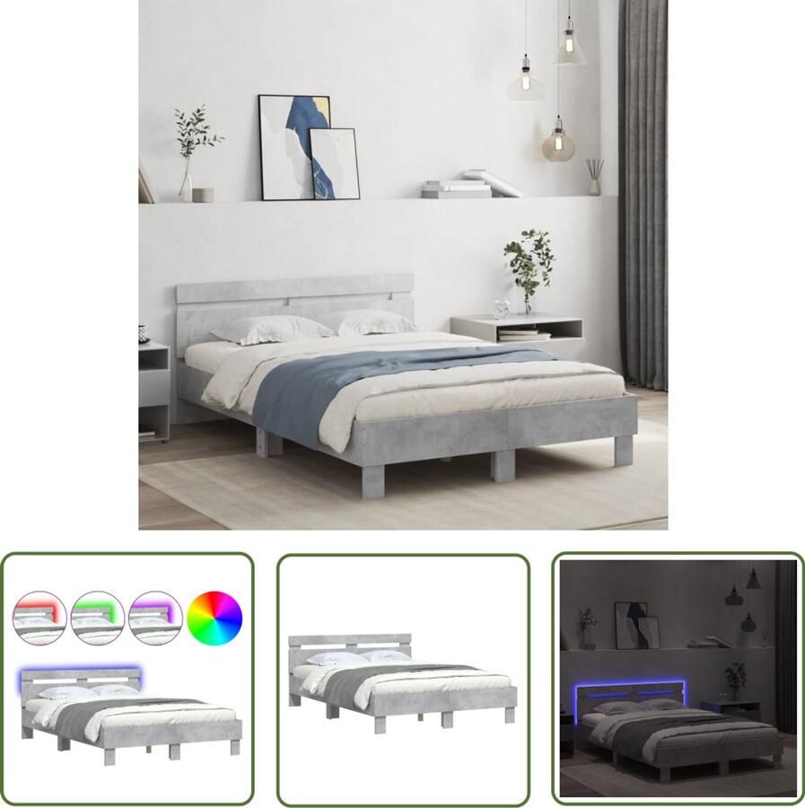 VidaXL Houten Bed Frame Betonnen Grijs Bed Frame Bedframe met hoofdeinde en LED betongrijs 120x200 cm Led Bed Frame Modern Bed Frame Industrieel Bed Frame