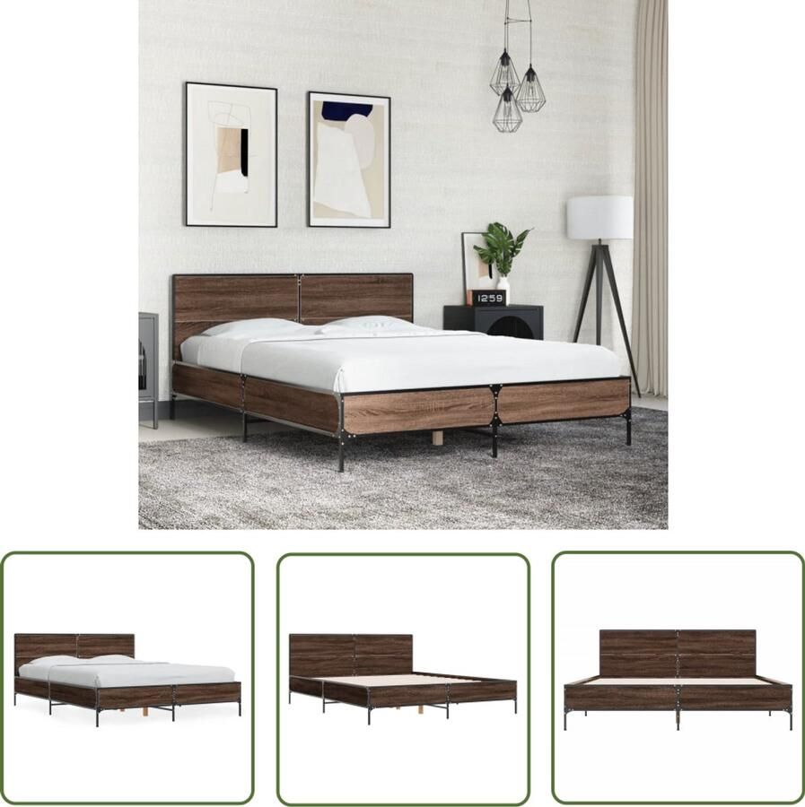 VidaXL Houten Bed Frame Bruin Eiken Bed Frame Bedframe bewerkt hout metaal bruin eikenkleur 135x190 cm Tweepersoons Bed Frame Bed Frame 135x190 Slaapkamerstijlen