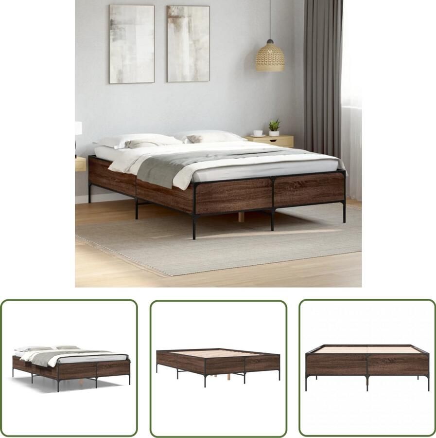 VidaXL Houten Bed Frame Bruin Houten Bed Bedframe bewerkt hout metaal bruin eikenkleur 135x190 cm Bed Frame 135x190 Tweepersoons Bed Modern Bed Frame