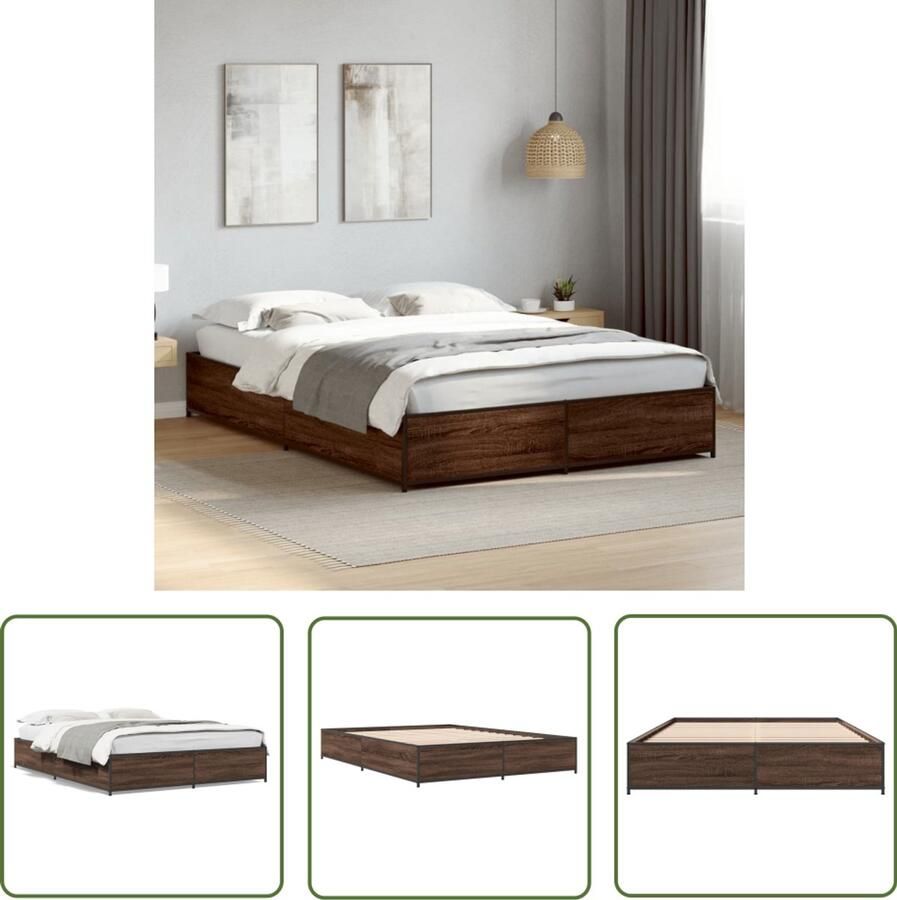 VidaXL Houten Bed Frame Bruin Houten Bed Bedframe bewerkt hout metaal bruin eikenkleur 135x190 cm Bed Frame 135x190 Tweepersoons Bed Vintage Bed