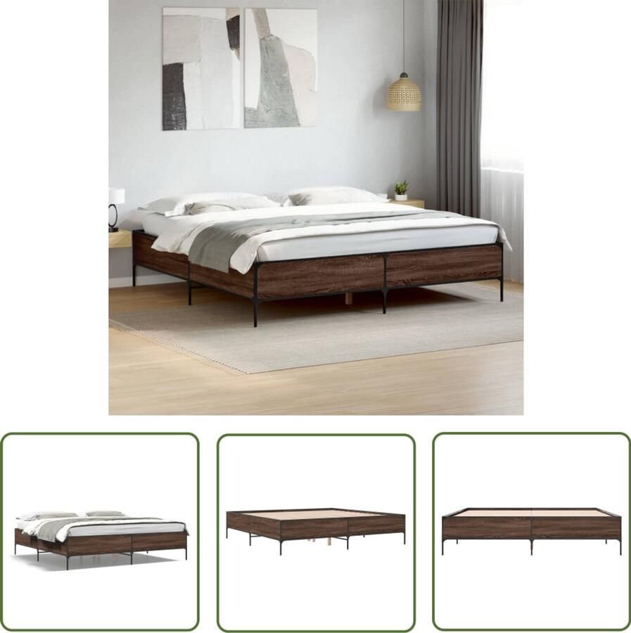 VidaXL Houten Bed Frame Bruin Houten Bed Bedframe bewerkt hout metaal bruin eikenkleur 180x200 cm King Size Bed Boxspring Bed Tweepersoons Bed