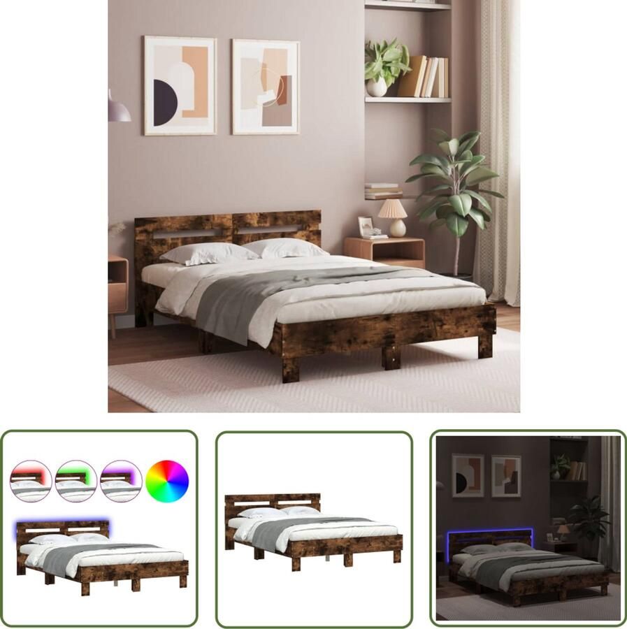 VidaXL Bedframe met hoofdeinde en LED gerookt eikenkleurig 120x190 cm LED Bed Frame Houten Bed Frame Bruine Bed Frame Slaapcomfort Led Verlichting Bed