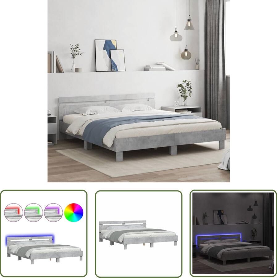 The Living Store Bedframe met hoofdeinde en LED-licht betongrijs 160x200 cm LED Bed Frame Houten Bed Frame Betonnen Grijs Bed Tweepersoons Bed Led Verlichting Bed