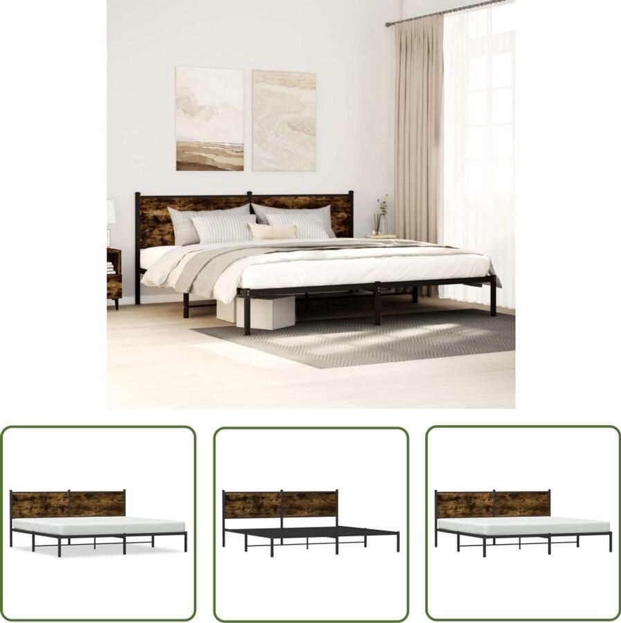 VidaXL Houten Bed Frame Metalen Bed Frame Bedframe zonder matras metaal gerookt eikenkleurig 193x203 cm Bruine Bed Frame King Size Bed Frame Boxspring Frame