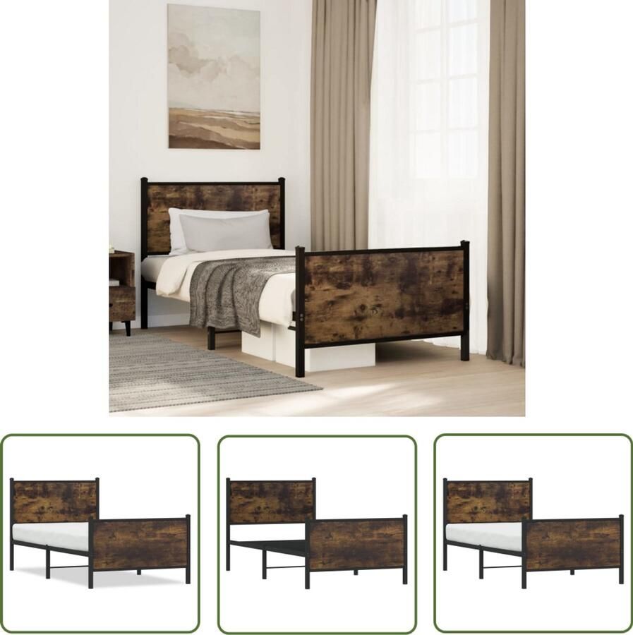 VidaXL Houten Bed Frame Metalen Bed Frame Bedframe zonder matras metaal gerookt eikenkleurig 90x200 cm Bruine Bed Frame King Size Bed Frame Boxspring Bed Frame