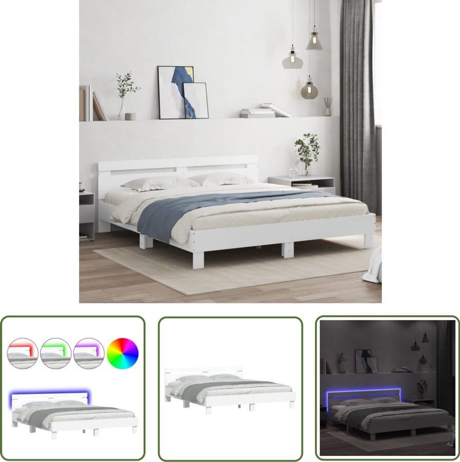 VidaXL Bedframe met hoofdeinde en LED-verlichting wit 200x200 cm Modern Bed Frame Houten Bed Frame Led Bed Frame Tweepersoons Bed King Size Bed