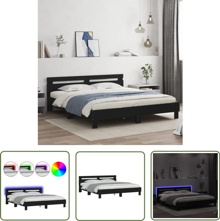 VidaXL Houten Bed Frame Modern Bed Frame Bedframe met hoofdeinde en LED-verlichting zwart 200x200 cm Led Bed Frame King Size Bed Frame Dubbel Bed Frame