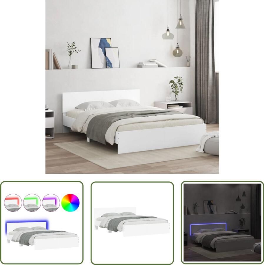 VidaXL Houten Bed Frame Modern Bed Frame Bedframe met hoofdeinde en LED wit 150x200 cm Led Bed Frame King Size Bed Frame Tweepersoons Bed Frame