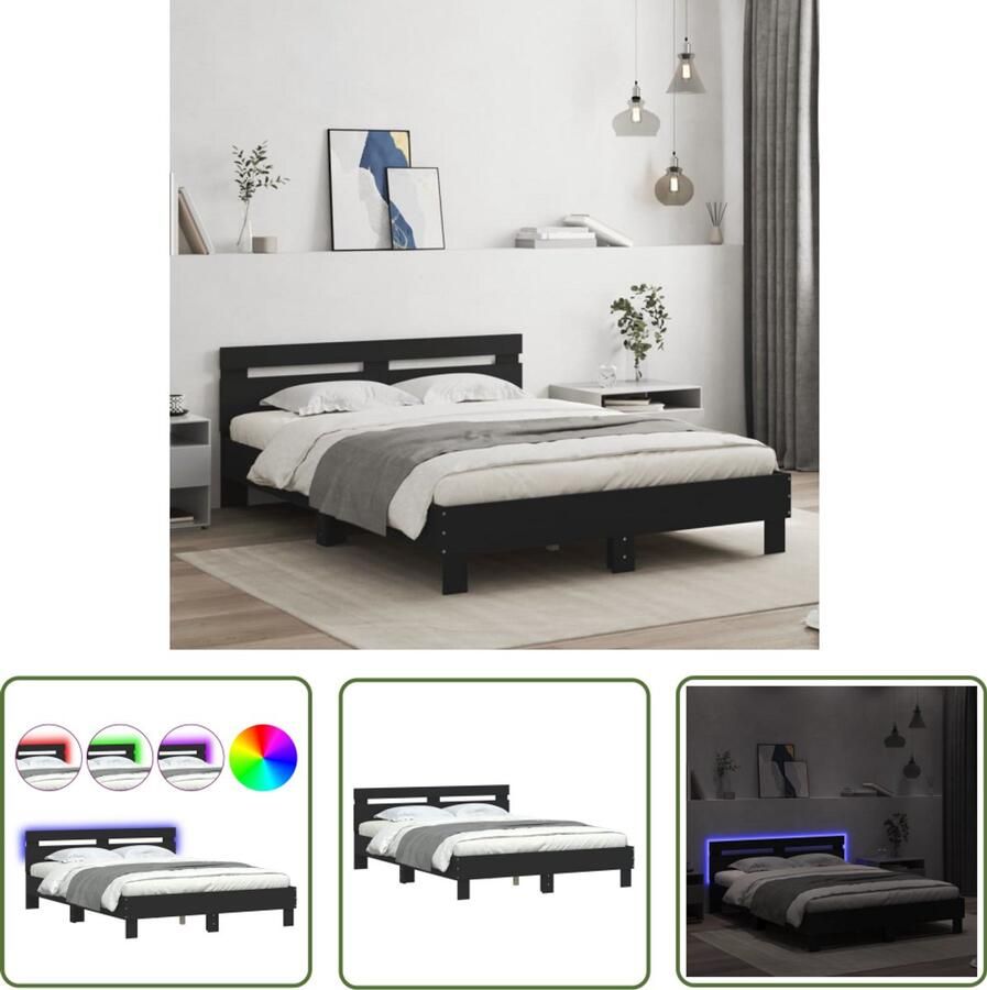 VidaXL Bedframe met hoofdeinde en LED zwart 140x200 cm Modern Bed Frame Houten Bed Frame Led Bed Frame Slaapcomfort Design Bed