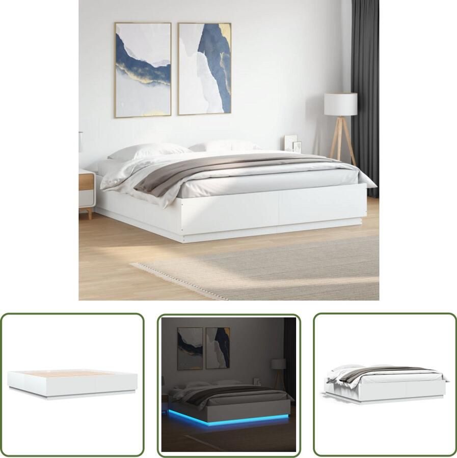 VidaXL Bedframe met LED-verlichting bewerkt hout wit 180x200 cm Modern Bed Frame Houten Bed Frame Led Bed Frame Wit Bed Frame King Size Bed Frame