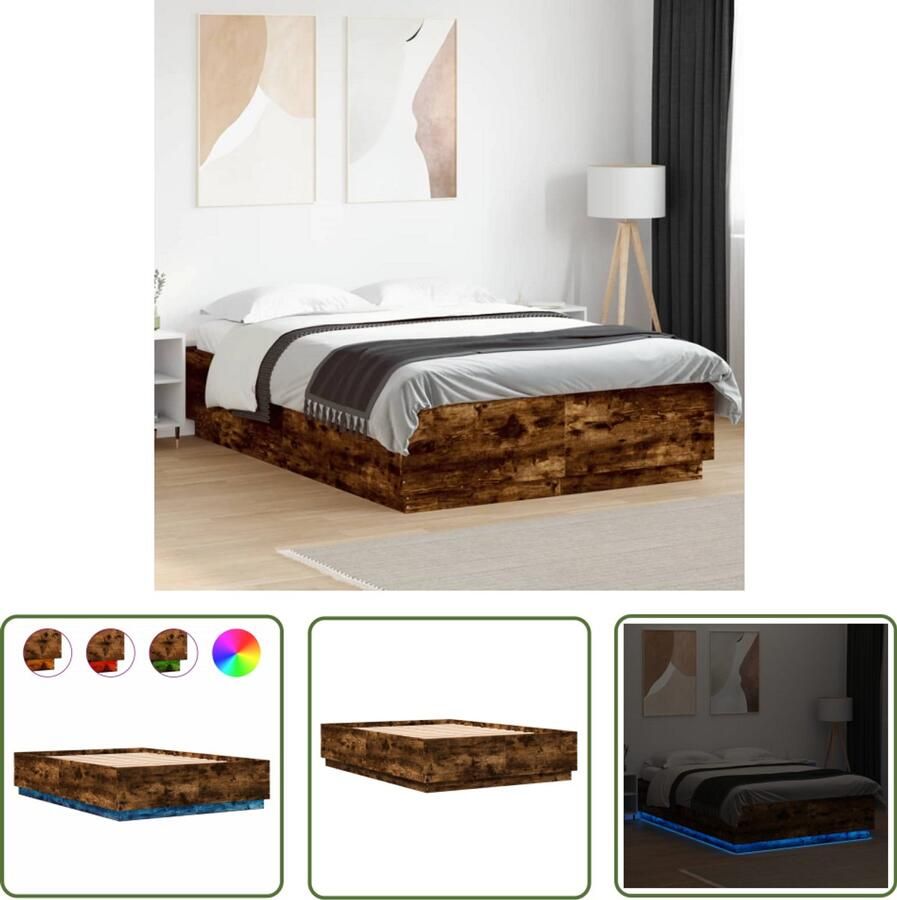 VidaXL Houten Bed Frame Modern Bed Frame Bedframe met LED-verlichting gerookt eikenkleurig 140x200 cm Bruine Bed Frame Led Bed Frame Bedroom Furniture