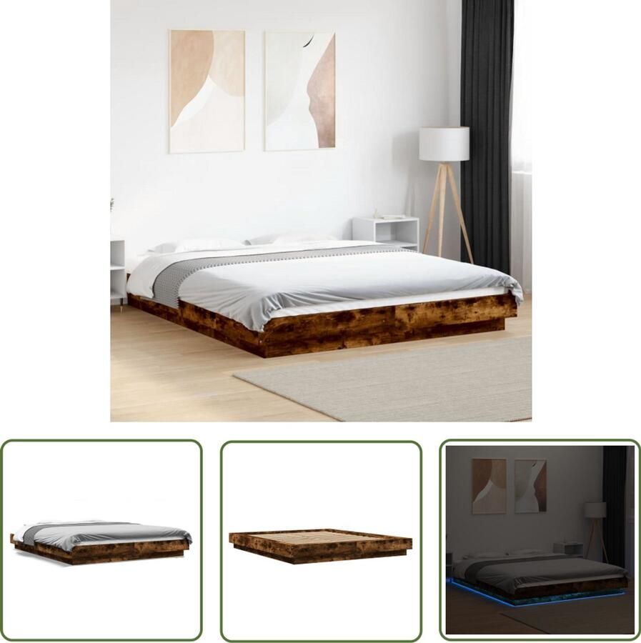 VidaXL Houten Bed Frame Modern Bed Frame Bedframe met LED-verlichting gerookt eikenkleurig 150x200 cm Led Bed Frame Bruine Bed Frame King Size Bed Frame