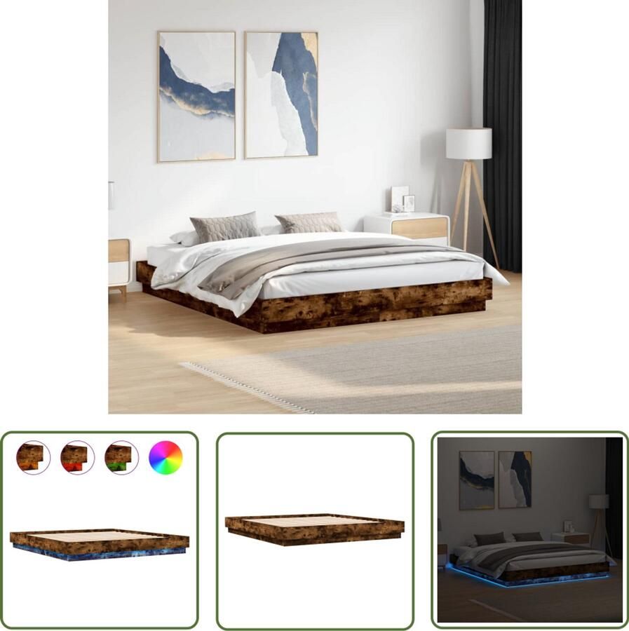 VidaXL Houten Bed Frame Modern Bed Frame Bedframe met LED-verlichting gerookt eikenkleurig 200x200 cm Bruine Bed Frame Led Bed Frame Slaapcomfort