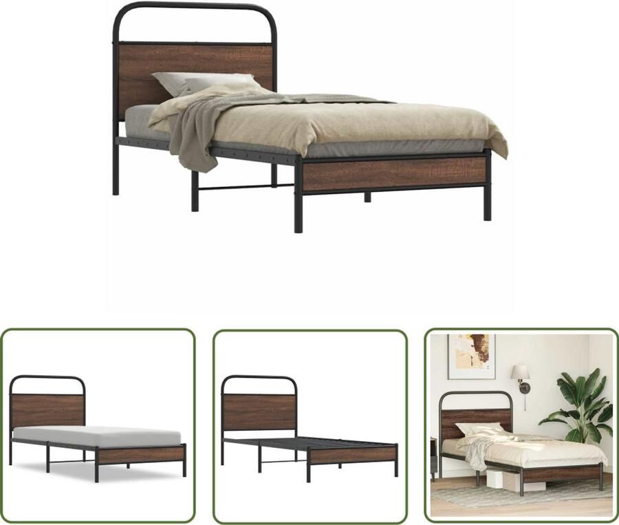 VidaXL Bedframe Bruin Eiken 90x200 cm Zonder Matras Robuust Bed Frame Houten Bed Frame Staal Bed Frame Tweepersoons Bed Enkel Bed