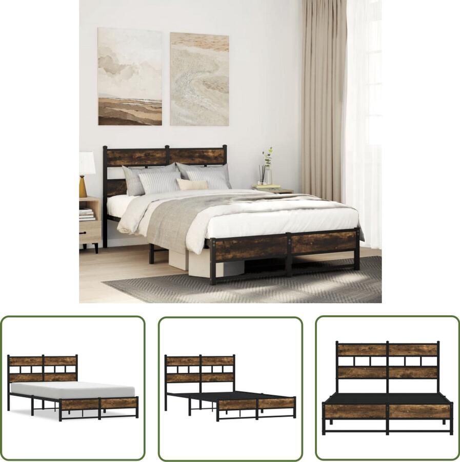 The Living Store Bedframe zonder matras metaal gerookt eikenkleurig 120x190 cm Robuust Bed Frame Houten Bed Frame Metalen Bed Frame Tweepersoons Bed Boxspring Bed