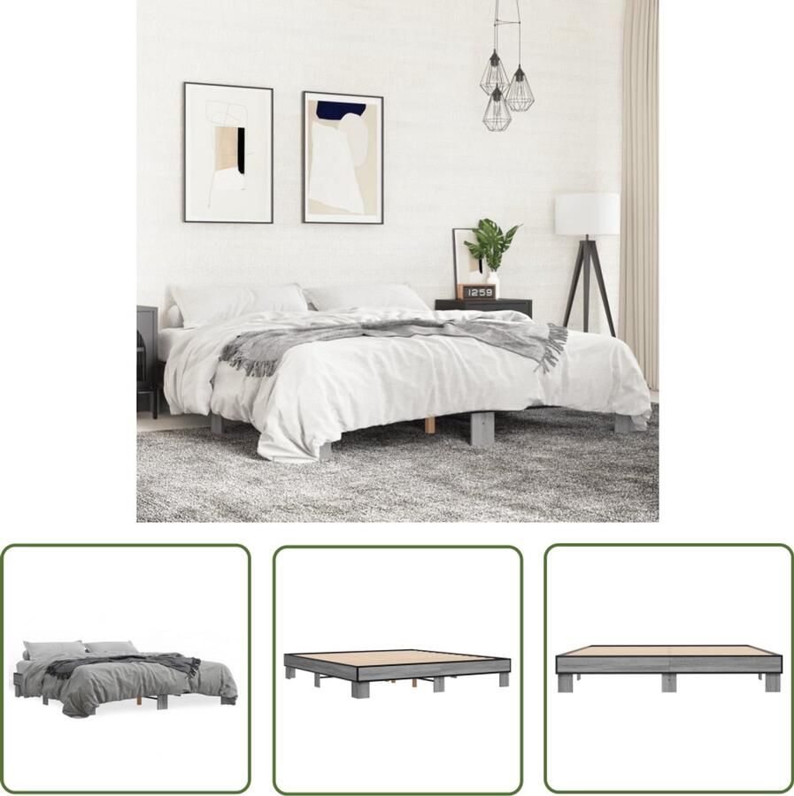 VidaXL Houten Bed Frame Slaap Kamer Bedframe bewerkt hout metaal grijs sonoma eiken 200x200 cm Grijs Bed Sonoma Eiken Tweepersoons Bed