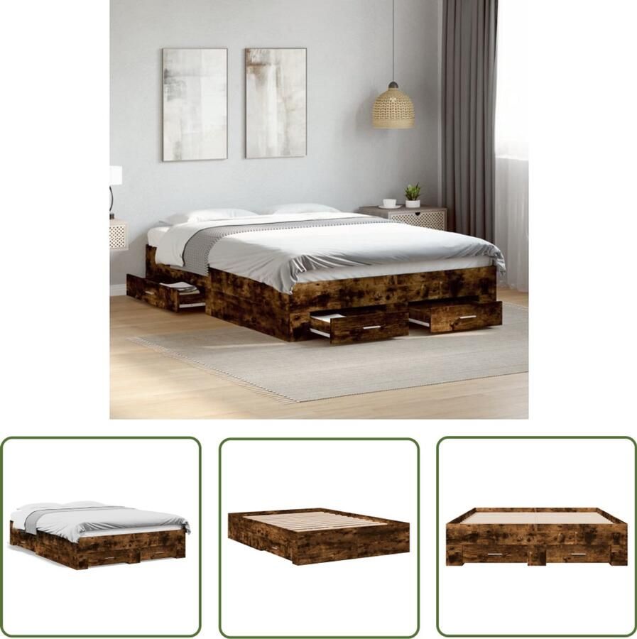 VidaXL Houten Bed Frame Slaapbank Bedframe met lades bewerkt hout gerookt eikenkleurig 120x190 cm Bed Met Lade Bruine Bed Compact Bed