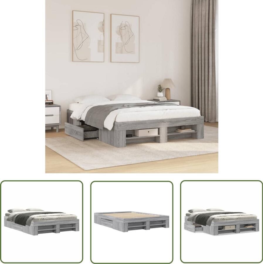 The Living Store Bedframe bewerkt hout grijs sonoma eikenkleurig 120x190 cm Slaapcomfort Houten Bed Frame Bed Met Opbergruimte Tweepersoonsbed Boxspring Bed