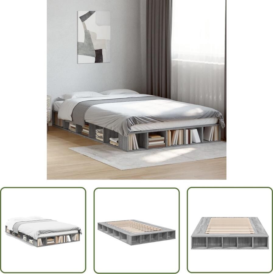 The Living Store Bedframe Bewerkt Hout met Lattenbodem 190 x 135 x 20 cm Grijs Sonoma Eiken Slaapcomfort Houten Bed Frame Tweepersoons Bed Met Lade Design Bed
