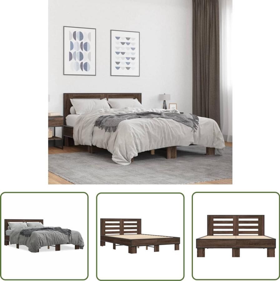 VidaXL Bedframe bewerkt hout metaal bruin eikenkleur 120x190 cm Slaapcomfort Houten Bed Frame Tweepersoons Bed Bedkast Bruine Bedbank