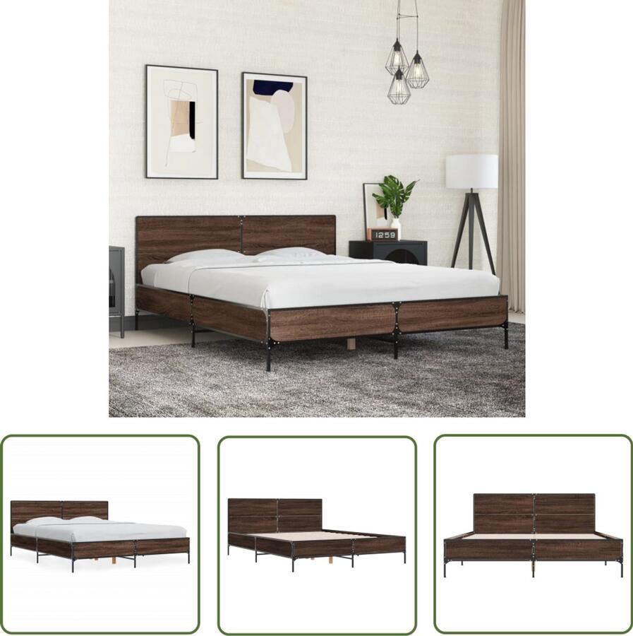 VidaXL Bedframe bewerkt hout metaal bruin eikenkleur 160x200 cm Slaapcomfort Houten Bed Frame Bed Frame Bruin Tweepersoons Bed Boxspring Bed