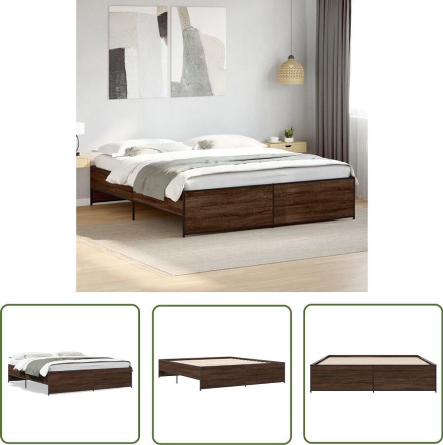 VidaXL Houten Bed Frame Slaapcomfort Bedframe bewerkt hout metaal bruin eikenkleur 200x200 cm Bed Frame Bruin Tweepersoons Bed Boxspring Bed