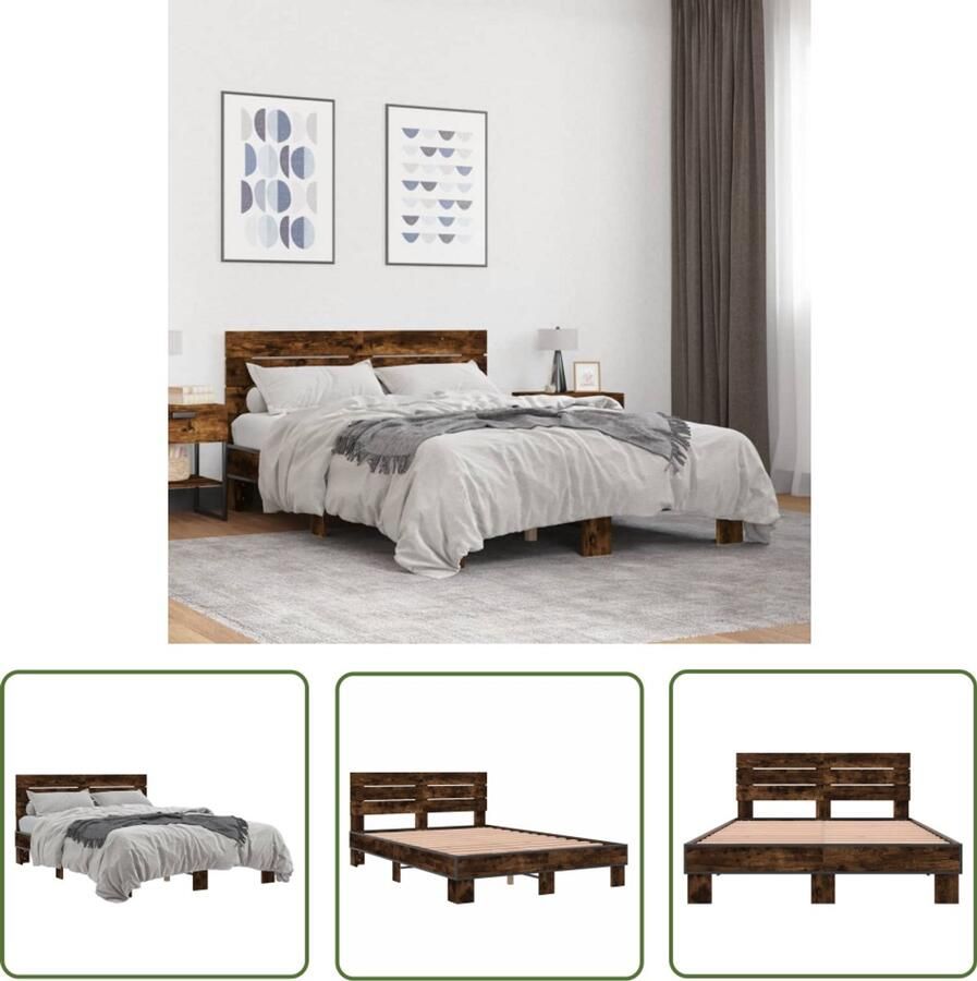 VidaXL Houten Bed Frame Slaapcomfort Bedframe bewerkt hout metaal gerookt eikenkleurig 120x190 cm Bruine Bedbank Tweepersoons Bed Lattenbodem